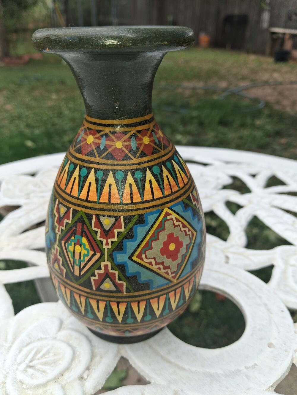 Hand-Painted Geometric Pattern Peruvian Ceramic Vase Vintage.